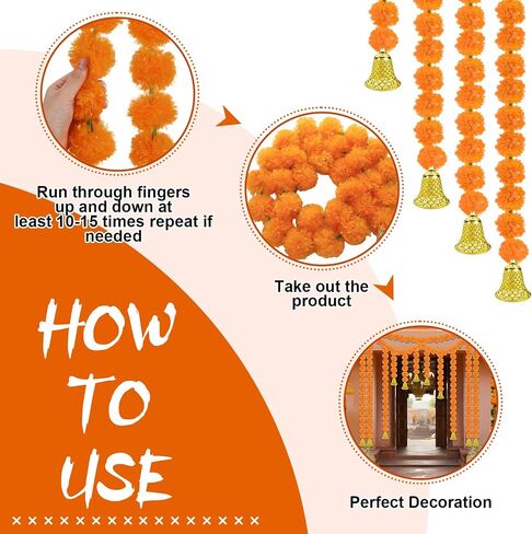10 Pcs Marigold Diwali Garland with Golden Bells for Door Decoration Wedding 5 Feet Artificial Marigold Door Toran Long Marigold Flowers Orange Yellow Flower Garland Indian Decor for Pooja in Saudi Arabia