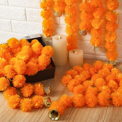 10 Pcs Marigold Diwali Garland with Golden Bells for Door Decoration Wedding 5 Feet Artificial Marigold Door Toran Long Marigold Flowers Orange Yellow Flower Garland Indian Decor for Pooja in Saudi Arabia