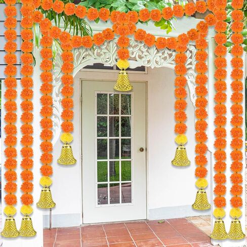 10 Pcs Marigold Diwali Garland with Golden Bells for Door Decoration Wedding 5 Feet Artificial Marigold Door Toran Long Marigold Flowers Orange Yellow Flower Garland Indian Decor for Pooja in Saudi Arabia