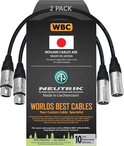 WORLDS BEST CABLES 2 Units - 0.5 Foot - Balanced Microphone Cable Custom Made Using Mogami 2549 (Black) Wire and Neutrik NC3MXX & NC3FXX Silver XLR Plugs in Saudi Arabia