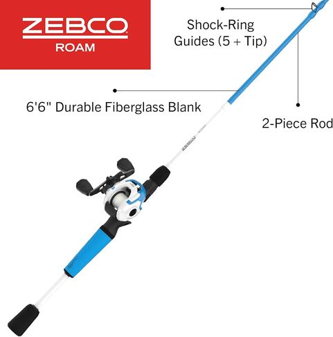 Zebco Roam Baitcast Reel and Fishing Rod Combo, 6-Foot 6-Inch 2-Piece Medium-Heavy Power, Fast Action Rod, DynaMag Cast Control, 6.1:1 Gear Ratio, 12-Pound Line, Left-Hand Retrieve, Blue/White/Black in Kuwait
