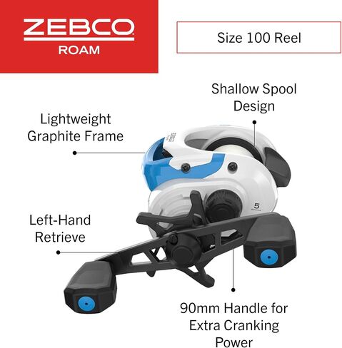 Zebco Roam Baitcast Reel and Fishing Rod Combo, 6-Foot 6-Inch 2-Piece Medium-Heavy Power, Fast Action Rod, DynaMag Cast Control, 6.1:1 Gear Ratio, 12-Pound Line, Left-Hand Retrieve, Blue/White/Black in Kuwait