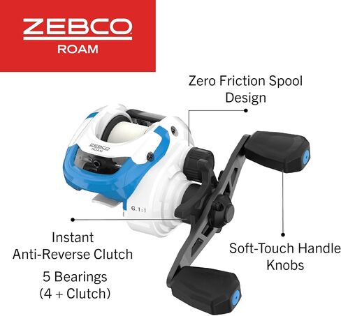Zebco Roam Baitcast Reel and Fishing Rod Combo, 6-Foot 6-Inch 2-Piece Medium-Heavy Power, Fast Action Rod, DynaMag Cast Control, 6.1:1 Gear Ratio, 12-Pound Line, Left-Hand Retrieve, Blue/White/Black in Kuwait