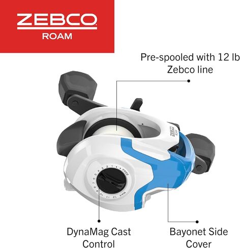 Zebco Roam Baitcast Reel and Fishing Rod Combo, 6-Foot 6-Inch 2-Piece Medium-Heavy Power, Fast Action Rod, DynaMag Cast Control, 6.1:1 Gear Ratio, 12-Pound Line, Left-Hand Retrieve, Blue/White/Black in Kuwait