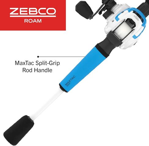 Zebco Roam Baitcast Reel and Fishing Rod Combo, 6-Foot 6-Inch 2-Piece Medium-Heavy Power, Fast Action Rod, DynaMag Cast Control, 6.1:1 Gear Ratio, 12-Pound Line, Left-Hand Retrieve, Blue/White/Black in Kuwait