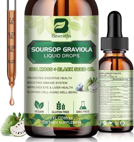 Soursop Bitters Liquid Drops with Irish Sea Moss, Black Seed oil Supplement, Soursop Fruit Graviola Leaves Extract - Supports Relax & Antioxidant, Slowing Cell-Aging, Immunity, Liver Health in Saudi Arabia