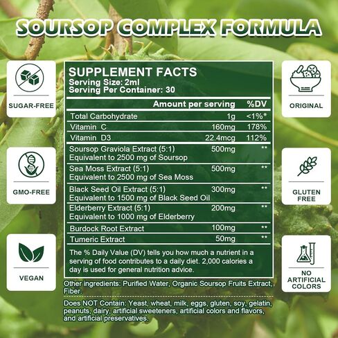 Soursop Bitters Liquid Drops with Irish Sea Moss, Black Seed oil Supplement, Soursop Fruit Graviola Leaves Extract - Supports Relax & Antioxidant, Slowing Cell-Aging, Immunity, Liver Health in Saudi Arabia