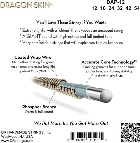 DRAGON SKIN+ - Coated Phosphor Bronze Acoustic Guitar Strings – DAP-12 – Superior Sound with Comfortable Feel & Long Life: Light 12-54 in Saudi Arabia