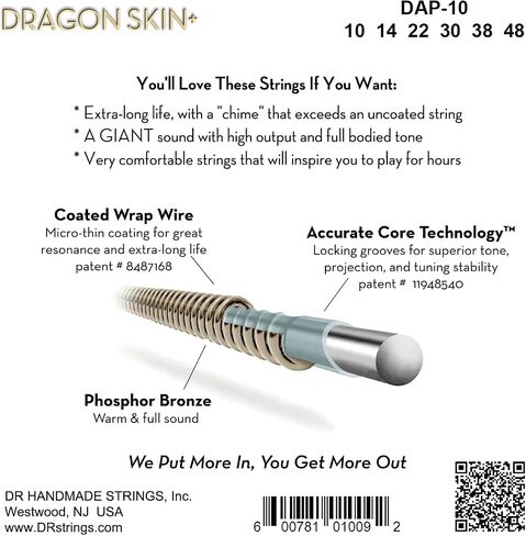 DRAGON SKIN+ - Coated Phosphor Bronze Acoustic Guitar Strings – DAP-12 – Superior Sound with Comfortable Feel & Long Life: Light 12-54 in Saudi Arabia