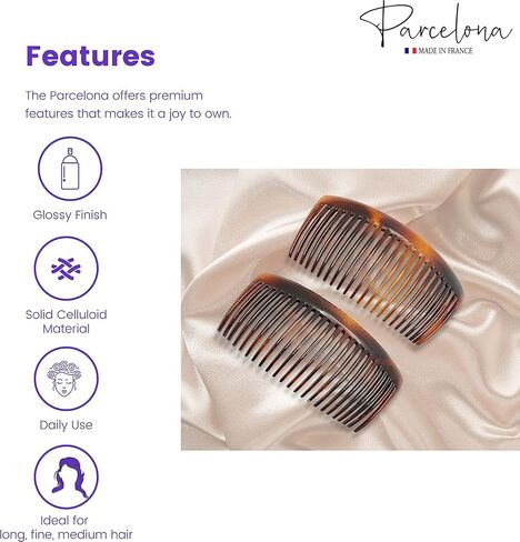 Parcelona French Glossy 23 Teeth Large 4 1/4" Celluloid Acetate Set of 2 No Slip Grip Side Hair Combs for Women, Made in France (Tortoise Shell Brown) in Saudi Arabia