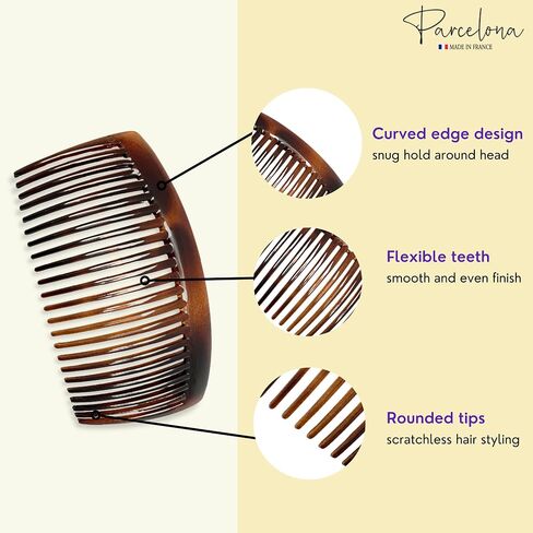 Parcelona French Glossy 23 Teeth Large 4 1/4" Celluloid Acetate Set of 2 No Slip Grip Side Hair Combs for Women, Made in France (Tortoise Shell Brown) in Saudi Arabia