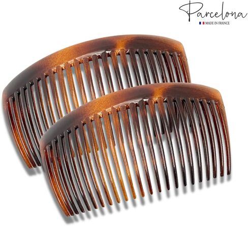 Parcelona French Glossy 23 Teeth Large 4 1/4" Celluloid Acetate Set of 2 No Slip Grip Side Hair Combs for Women, Made in France (Tortoise Shell Brown) in Saudi Arabia