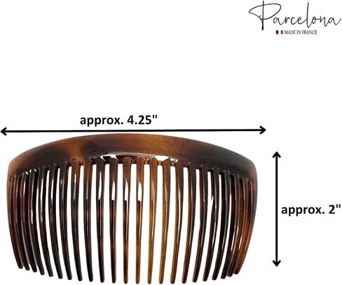 Parcelona French Glossy 23 Teeth Large 4 1/4" Celluloid Acetate Set of 2 No Slip Grip Side Hair Combs for Women, Made in France (Tortoise Shell Brown) in Saudi Arabia