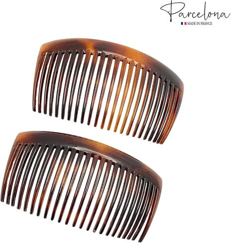 Parcelona French Glossy 23 Teeth Large 4 1/4" Celluloid Acetate Set of 2 No Slip Grip Side Hair Combs for Women, Made in France (Tortoise Shell Brown) in Saudi Arabia