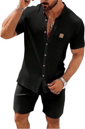 SOLY HUX Men's Casual Tracksuit Button Down Shirt and Drawstring Waist Short Sets Summer 2 Piece Outfits in Kuwait