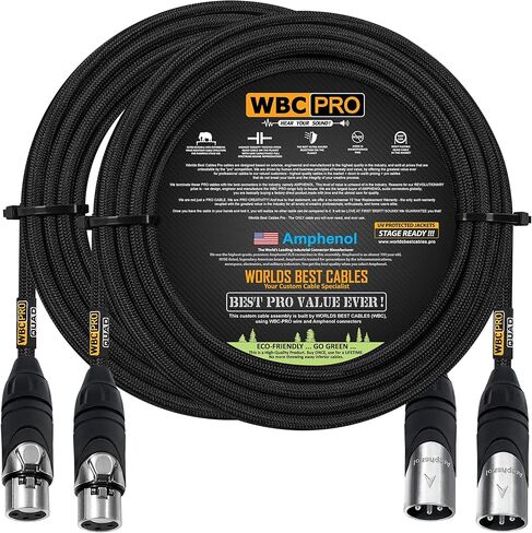 وحدتان - 50 قدمًا - كابل WBC-PRO-Quad فائق الصمت والمرن ومتوازن على شكل نجمة رباعية مع مقابس Amphenol ذكر وأنثى XLR وسترة تويد سوداء in Saudi Arabia