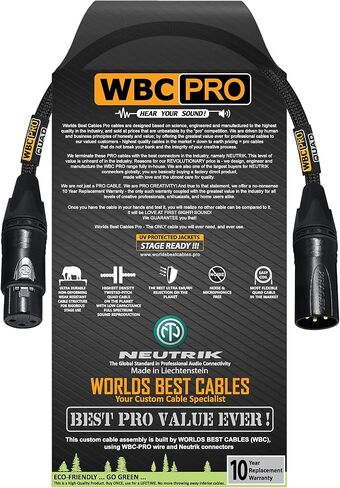 1 Foot - WBC-PRO-Quad Ultra-Silent Ultra-Flexible Balanced Star-Quad Cable with Neutrik Male & Female XLR Plugs & Black Tweed Jacket in Saudi Arabia
