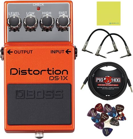 حزمة دواسة التشويه Boss DS-1X مع 2 حزمة من كابل تصحيح الزاوية اليمنى المنسوج S6P48، وكابل أداة Pig Hog PCH10BK "منسوج أسود"، و12 حزمة من اختيار الجيتار وقماش تلميع الصوت السائل in Saudi Arabia