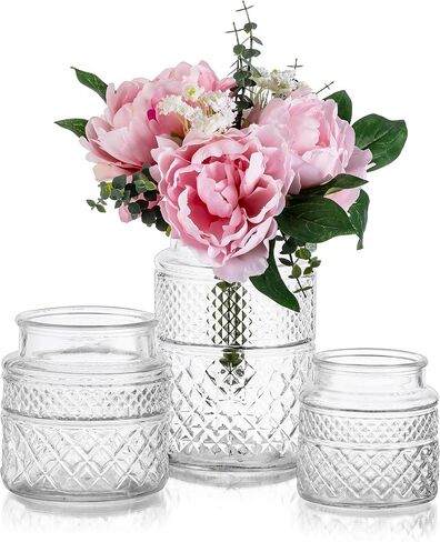 Glasseam Vintage Glass Flower Vases: Rustic Large Clear Vase Embossed Crystal Vases for Flowers Wide Mouth Vase Decorative Boho Vases for Decor Wedding Table Centrepiece Dining Room Height 7.87'' in Saudi Arabia
