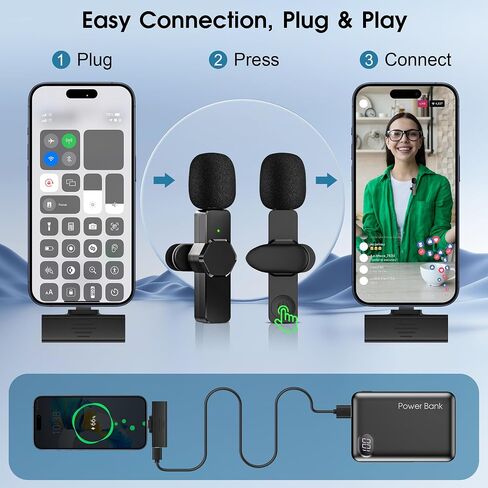 ميكروفون لاسلكي 2 في 1 لأجهزة iPhone iPad، ميكروفون لاسلكي قابل للتوصيل للتسجيل، البث المباشر، YouTube، TikTok، Facebook، Vlog، المقابلة، المزامنة التلقائية لتقليل الضوضاء in Kuwait
