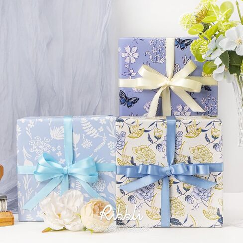 Ribbli Floral Birthday Wrapping Paper Mini Roll, 3 Rolls Sage Green Vintage Flower Mother’s Day Gift Wrap for Women Girl Friend Wedding - 17 inch x 120 inch(10feet) Per Roll in Kuwait