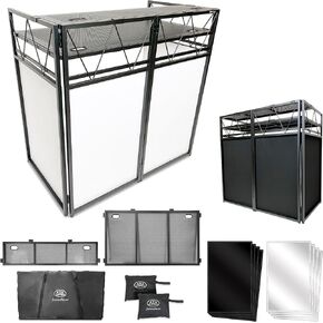 AxcessAbles DJ BOOTH XL 58" wide x 29" deep DJ Facade Table | Portable Extra Wide DJ Table Booth with Black and White Scrims, Carry Cases | Large DJ Controller Stand | Music Mixer Stand