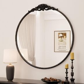 Keonjinn 30" x 30" Round Antique Mirror, Black Vintage Mirrors for Wall with Metal Frame, Circle Vintage Vanity Mirror, Round Bathroom Mirror for Mantle, Living Room, Fireplace, French Cleat Mounting