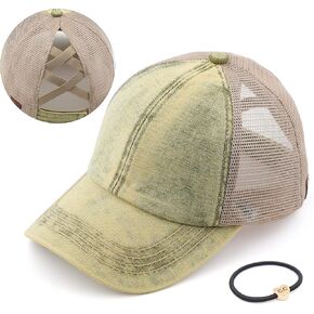 C.C Exclusives Stone Washed Distressed Cotton Criss-Cross Ponytail Hat Adjustable Baseball Cap (BT-1009) (A Crossed Elastic Band-Stone Washed_Berry)