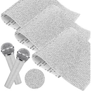 AUEAR, 3 Pack Glitter Rhinestone Microphone Handle Cover Stickers for Disco Stage Party TV Show Silver