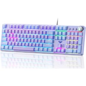 AULA Keyboard, 108 Keys Purple Mechanical Red Switches Keyboard with RGB Rainbow Backlit, Removable Upper Cover, Aesthetic Media Control Knob Computer Programmable USB Wired Keyboards for MAC PC Gamer