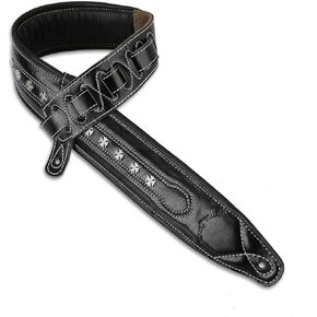 Walker & Williams C-35-BLK Smooth Texture Premium Black Full Grain Leather Soft Padded Guitar Strap with Metal Crosses For Acoustic, Electric, And Bass Guitars