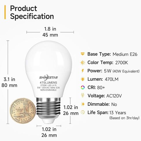 SHINESTAR 8-Pack Ceiling Fan Light Bulbs, 5 Watt (40W Equivalent), E26 Base, A15 Shape LED Bulb, 5000K Daylight White, High CRI 80+, Non-Dimmable in Saudi Arabia