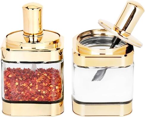YYW Condiment Jars Set of 2 Glass Spice Container Box 11oz/320 ml Seasoning Box Clear Condiment Pots with Lid and Spoon for Salt Spices Pepper Sugar Cruet (Silver), Rose Gold in Saudi Arabia