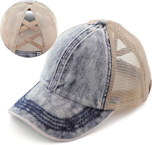 C.C Exclusives Stone Washed Distressed Cotton Criss-Cross Ponytail Hat Adjustable Baseball Cap (BT-1009) (A Crossed Elastic Band-Stone Washed_Berry) in Saudi Arabia