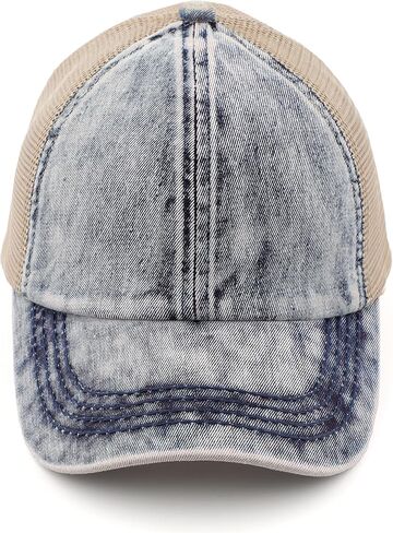 C.C Exclusives Stone Washed Distressed Cotton Criss-Cross Ponytail Hat Adjustable Baseball Cap (BT-1009) (A Crossed Elastic Band-Stone Washed_Berry) in Saudi Arabia