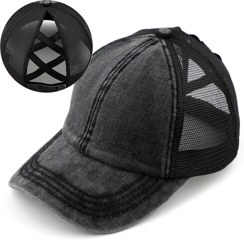 C.C Exclusives Stone Washed Distressed Cotton Criss-Cross Ponytail Hat Adjustable Baseball Cap (BT-1009) (A Crossed Elastic Band-Stone Washed_Berry) in Saudi Arabia