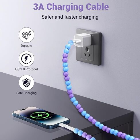 Aolcev USB C Cable 66W Fast USB to USB C Charging Cable Stylish and Durable Beaded USB Type C Charger Cord for iPhone 15 Pro Max/Pro/Plus Samsung S24 S23 S22 S21 Multicolored in Kuwait