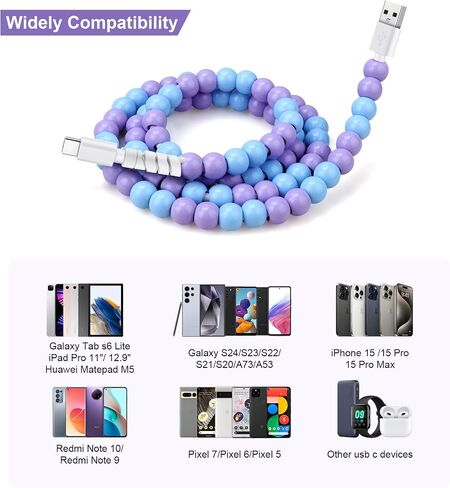 Aolcev USB C Cable 66W Fast USB to USB C Charging Cable Stylish and Durable Beaded USB Type C Charger Cord for iPhone 15 Pro Max/Pro/Plus Samsung S24 S23 S22 S21 Multicolored in Kuwait