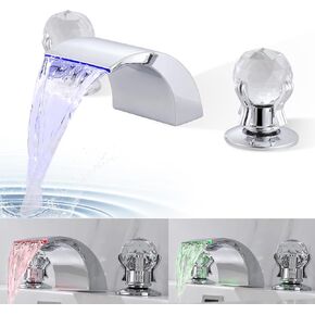 LED Light Bathroom Sink Faucet 3 Hole, 8 Inch Waterfall Faucets with Dual Crystal Handles Basin Mixer Tap, Widespread Waterfall Spout 3 Color Changing Vanity Faucet with Supply Hose, Matte Black