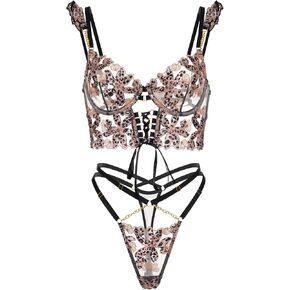 Lingerie Sets For Women Sexy, Floral Embroidery Metal Chain Lingerie Set