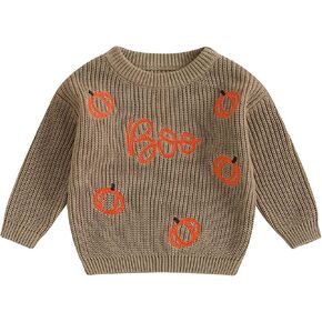 Lesimsam Toddler Baby Boy Girl Halloween Outfit Pumpkin/Ghost Knit Sweater Oversized Crewneck Knitted Pullover Sweatshirt