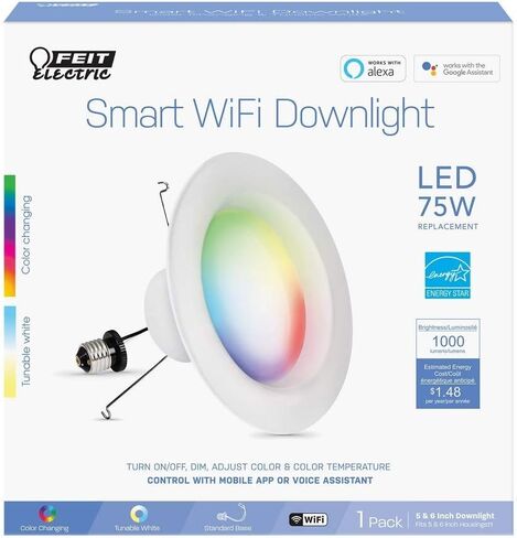 Feit Electric Smart Recessed Light, Fits Most 5-6" Can Housing, Works with Alexa or Google Assistant, Dimmable, 75W Equiv, 1000 Lumens, 2.4GHz WiFi Color Changing Downlight, LEDR6/RGBW/AG, 1 Pack in Saudi Arabia