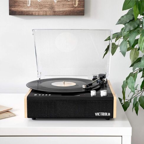 مشغل تسجيل Victrola Eastwood II، قرص دوار بلمسة نهائية من خشب البلوط مع مكبرات صوت، بلوتوث 5.1 وتقنية الفينيل ستريم، مشغل فينيل ثلاثي السرعات على الطراز العتيق، خرطوشة Audio Technica AT-3600LA in Kuwait