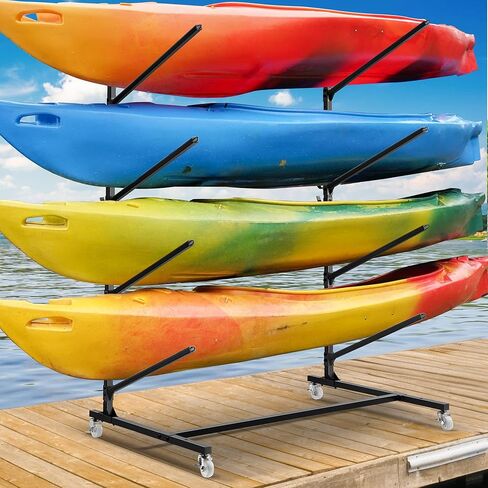 Kayak Storage Rack for Outdoor Storage, 3 Levels Heavy Duty Freestanding Kayak Stand with Wheel & Paddles Rack, Adjustable Height Paddle Board Canoe Rack Up to 450LBS for Indoor, Garage, Shed or Dock in Saudi Arabia