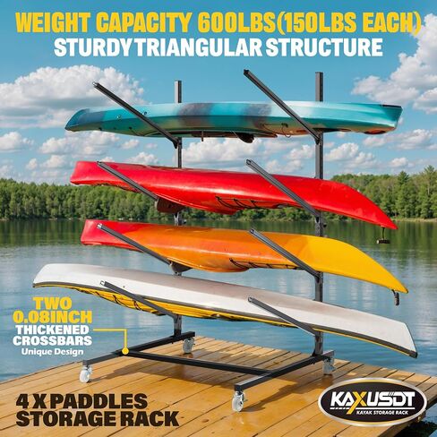 Kayak Storage Rack for Outdoor Storage, 3 Levels Heavy Duty Freestanding Kayak Stand with Wheel & Paddles Rack, Adjustable Height Paddle Board Canoe Rack Up to 450LBS for Indoor, Garage, Shed or Dock in Saudi Arabia