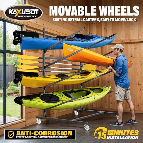 Kayak Storage Rack for Outdoor Storage, 3 Levels Heavy Duty Freestanding Kayak Stand with Wheel & Paddles Rack, Adjustable Height Paddle Board Canoe Rack Up to 450LBS for Indoor, Garage, Shed or Dock in Saudi Arabia