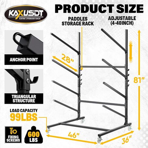 Kayak Storage Rack for Outdoor Storage, 3 Levels Heavy Duty Freestanding Kayak Stand with Wheel & Paddles Rack, Adjustable Height Paddle Board Canoe Rack Up to 450LBS for Indoor, Garage, Shed or Dock in Saudi Arabia