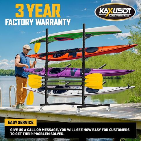 Kayak Storage Rack for Outdoor Storage, 3 Levels Heavy Duty Freestanding Kayak Stand with Wheel & Paddles Rack, Adjustable Height Paddle Board Canoe Rack Up to 450LBS for Indoor, Garage, Shed or Dock in Saudi Arabia