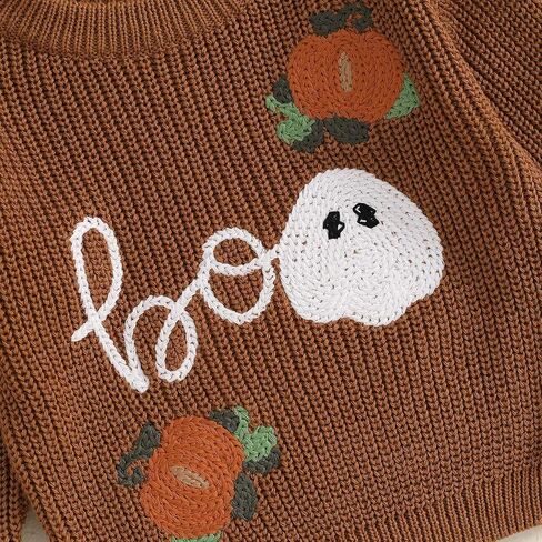 Lesimsam Toddler Baby Boy Girl Halloween Outfit Pumpkin/Ghost Knit Sweater Oversized Crewneck Knitted Pullover Sweatshirt in Saudi Arabia