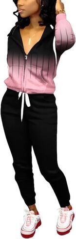 Nimsruc Two Piece Outfits For Women Jogging Suits Casual Tracksuit Hoodie Long Sleeve Sweatsuit Pants Sets Black Blue Stripe Gradient XXL in Kuwait